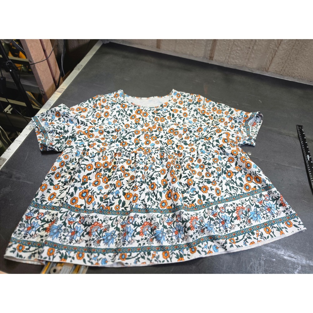 Floral Babydoll Top Short Sleeve Orange Blue Peplum Blouse Cottage Core Plus 4XL